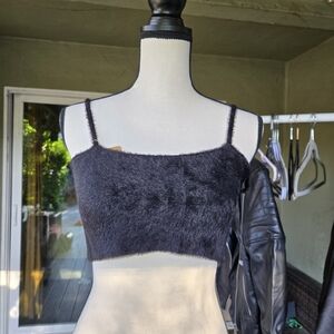 Black Fuzzy Cropped Cami Top Soft Knit Bralette Style Size S/M
